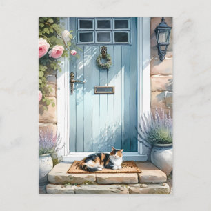 Cartão Postal Varanda Floral Cottagecore com Gato Calico