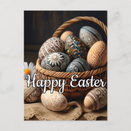 Cartão Postal Vários Ovos De Páscoa Decorativos Numa Cesta