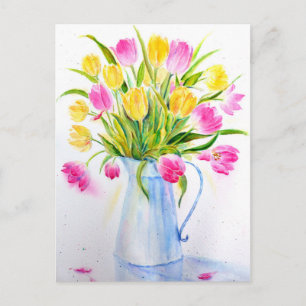 Cartão Postal Vase de Aquarela das Tulipas