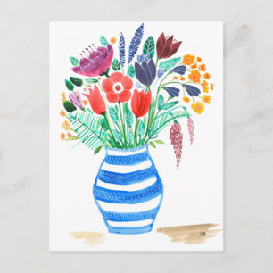 Cartão Postal Vaso Azul Floral, Flores Brilhantes