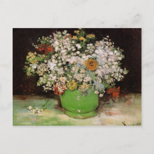 Cartão Postal Vaso com Zinnias e outras flores