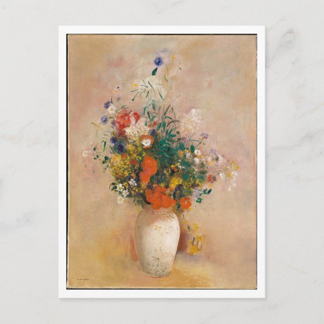 Cartão Postal Vaso de Flores de Rosa pela Pintura de Redon (Frente)