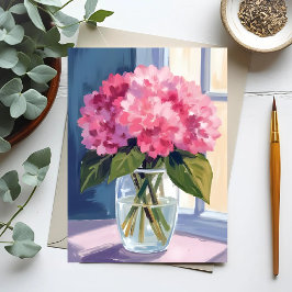 Cartão Postal Vaso de Hortênsia Rosa Bouquet de Flores Aquarela