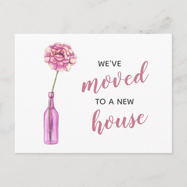 Cartão Postal Vaso De Peony Rosa, Mudámos Novo Endereço (Frente)