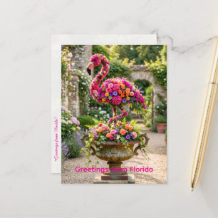 Cartão Postal Vaso de Topiaria de Flamingo e Flores Tropicais