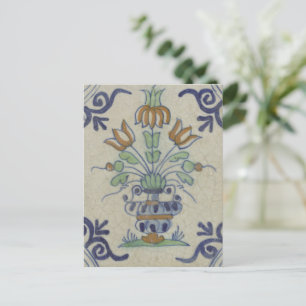 Cartão Postal Vaso de Tulipa Holandesa em Azulejo Delft Antigo: