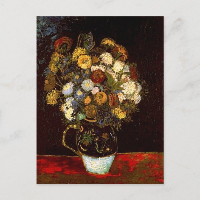 Cartão Postal Vaso de vida útil com Zinnias Van Gogh de arte (Frente)