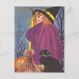Cartão Postal Vassoura de Bruxa Jack O Lanterna Gato Preto Árvor