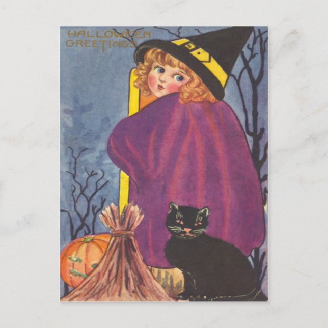 Cartão Postal Vassoura de Bruxa Jack O Lanterna Gato Preto Árvor (Frente)