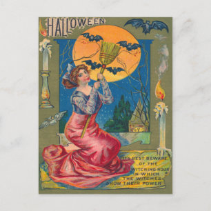 Cartão Postal Vassoura de Bruxa Vela Lua Cheia Morcego