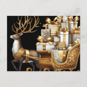 Cartão Postal Veado com presentes de Natal elegante dourado e pr