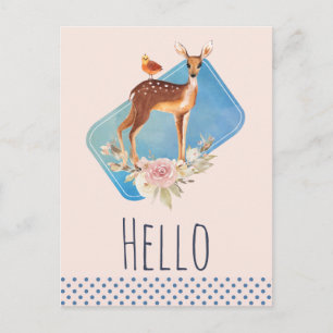 Cartão Postal Veado Russo Brown Watercolor em Peach Hello