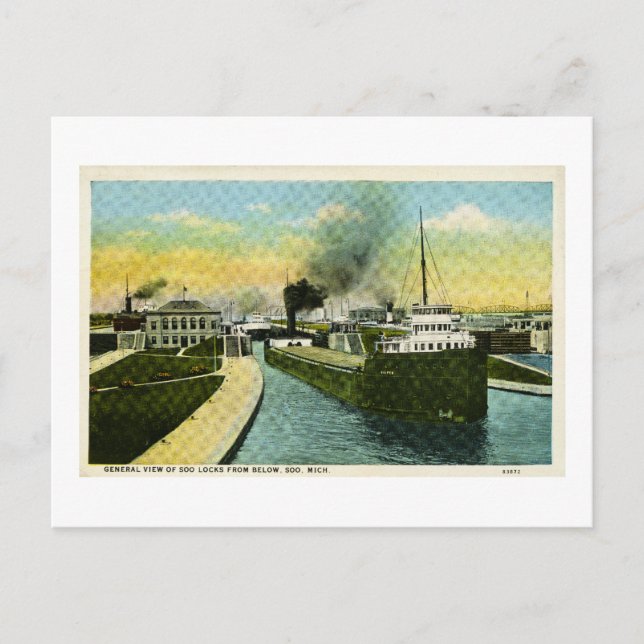 Cartão Postal Veja abaixo do Soo, Soo Locks, Michigan (Frente)