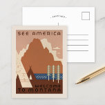 Cartão Postal Veja América Bem-vindo a Montana | Viagens vintage<br><div class="desc">Veja a América, bem-vindos a Montana | Este Viagem dos Estados Unidos poster por Jerome Henry Rothstein, intitulado Veja América, Bem-vindo a Montana, convida espectadores a explorar a beleza natural e a herança cultural de Montana. A trabalho de arte apresenta um acampamento índio sereno aninhado ao lado de um lago...</div>