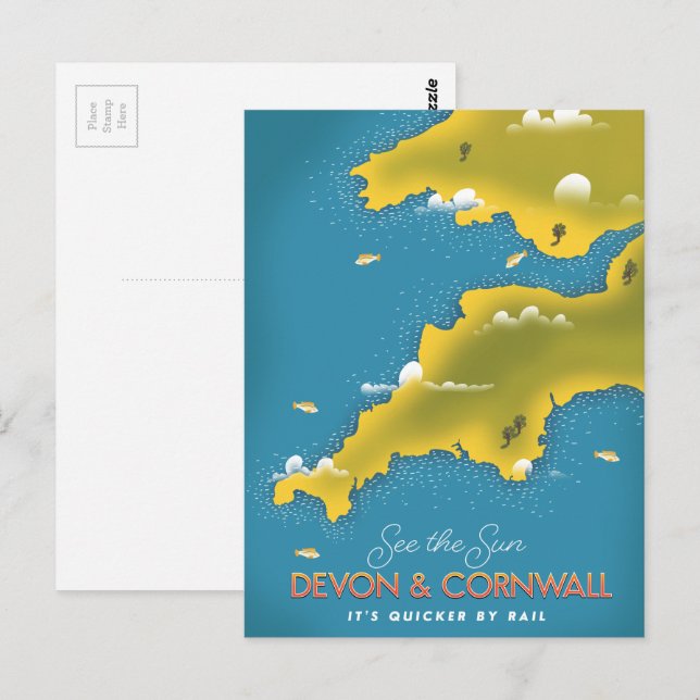 Cartão Postal Veja o poster de viagens Sun - Devon & Cornwall. (Frente/Verso)