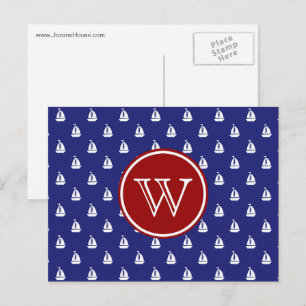 Cartão Postal Vela Náutica Longe de Azul com Monograma Vermelho