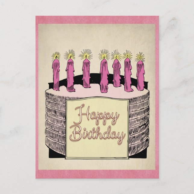 Cartão Postal Velas de Bolo de Aniversário Rosa Fofo Vintage (Frente)