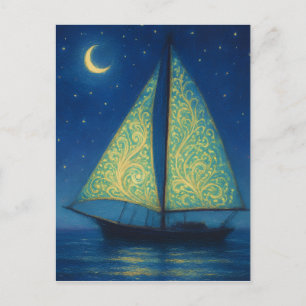 Cartão Postal Velero ao Luar - Pintura Noturna em Estilo Pastel