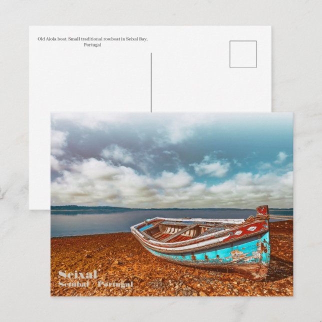 Cartão Postal Velha Aiola. Barco tradicional português em praia (Frente/Verso)