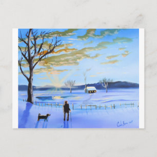 Cartão Postal Velho e seu cão pintando neve de inverno