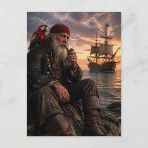 Cartão Postal Velho Pirata e Arara Vermelha ao Pôr do Sol