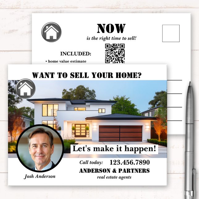 Cartão Postal Venda de Imóvel Residencial Profissional  (Marketing postcard for real estate agents featuring a house  photo with logo and QR code templates)