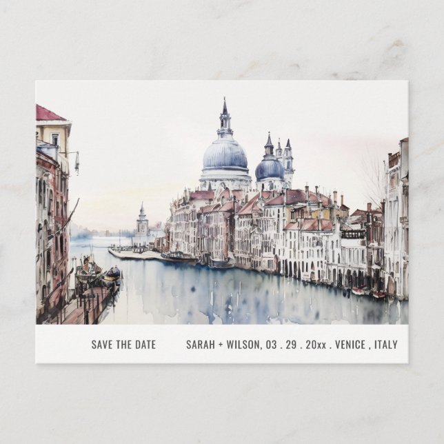 Cartão Postal Veneza Itália Canals Watercolor Salvar Data (Frente)