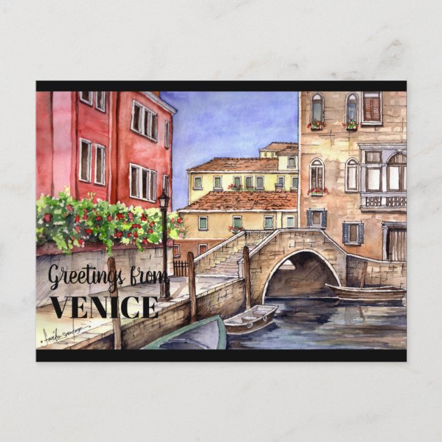 Cartão Postal Veneza Itália Caneta e Aguada Aquarela (Frente)