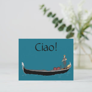Cartão Postal Veneza, Itália Gondola e Gondolier Teal Blue Ciao