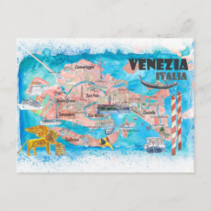 Cartão Postal Veneza Itália - Mapa Ilustrado com Canais Principa