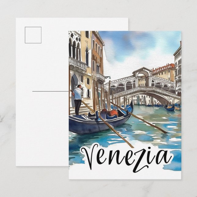 Cartão Postal Venezia Itália Watercolor Painting Viagem (Frente/Verso)