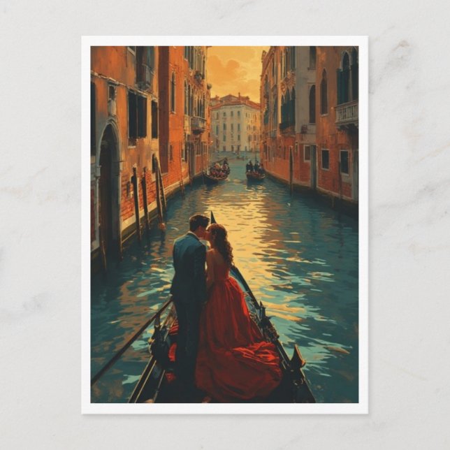 Cartão Postal Venice Italy Lovers Gondola Canal Romantic Color (Frente)