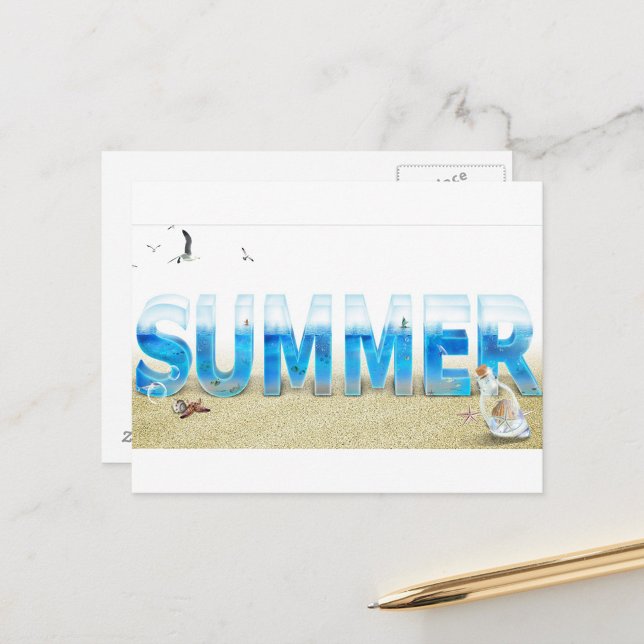 Cartão Postal Verão (A postcard with the word "SUMMER" in large, three-dimensional letters filled with an ocean scene!)