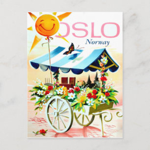 Cartão Postal Verão em Oslo, Noruega. Carrinho de flores e sol 