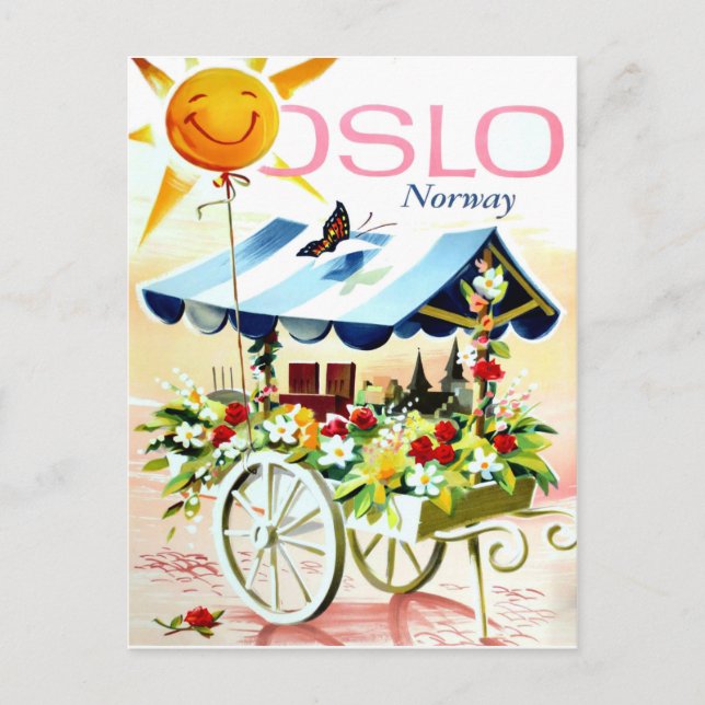 Cartão Postal Verão em Oslo, Noruega. Carrinho de flores e sol f (Frente)