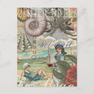 Cartão Postal verão praia vintage polvo antiguidades navegação
