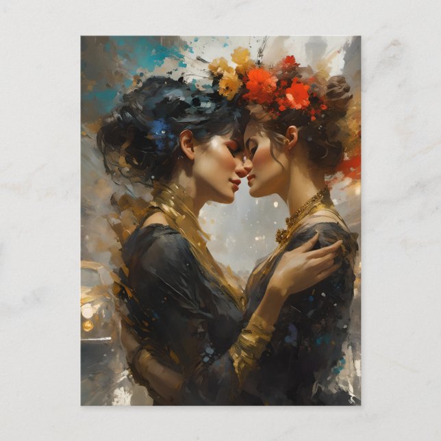 Cartão Postal Verdadeiros Amantes Lésbicas Flores no Cabelo (Frente)
