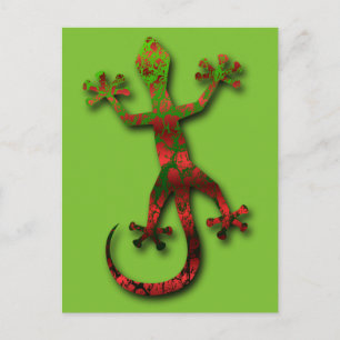Cartão Postal Verde Brilhante e Gecko Laranja Vermelho