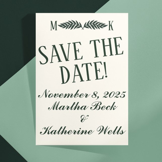 Cartão Postal Verde-caçador nas Iniciais de Creme Guardar a Data (Criador carregado)