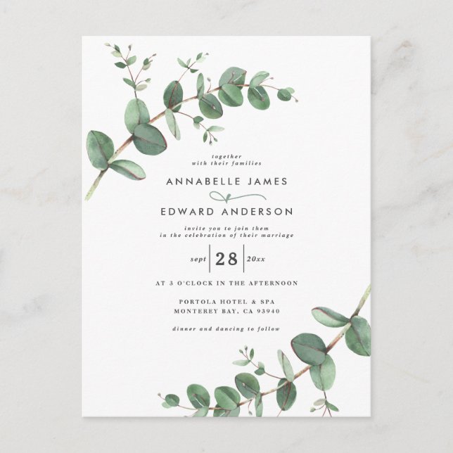 Cartão Postal Verde-casamento Eucalyptus Invit botânico moderno (Frente)