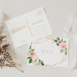 Cartão Postal Verde e Dourado Geométrico Elegante Floral Obrigad<br><div class="desc">Este obrigado floral geométrico elegante e verde-dourado que o teu cartão postal é perfeito para um casamento rústico. A design apresenta rosas brancos, cor-de-rosa e pincéis pintados à mão e um toque de verde, adoráveis quadros geométricos de ouro, inspiradora beleza artística. Personalize a parte traseira do cartão postal, incluindo seus...</div>