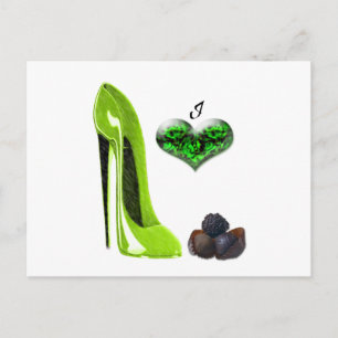 Cartão Postal Verde limão de amor, Calçado Stiletto e Chocolat