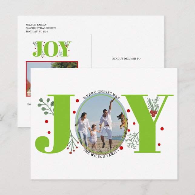 Cartão Postal Verde limão Joy, bagas, foto de Natal (Frente/Verso)