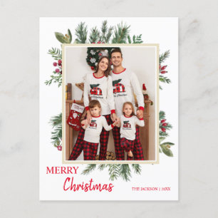 Cartão Postal Verde Minimalista com Foto Vermelha Feliz Natal