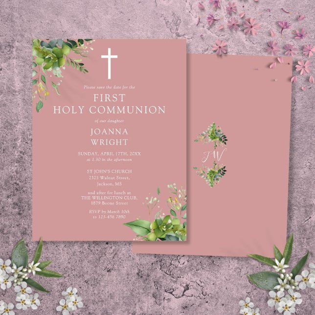 Cartão Postal Verde Rosa Primeira Comunhão Santa Salvem Data (Greenery Pink First Holy Communion Save The Date Postcard)