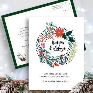 Cartão Postal Verde Russo Poinsettia Vermelha Floral Wreath Chic