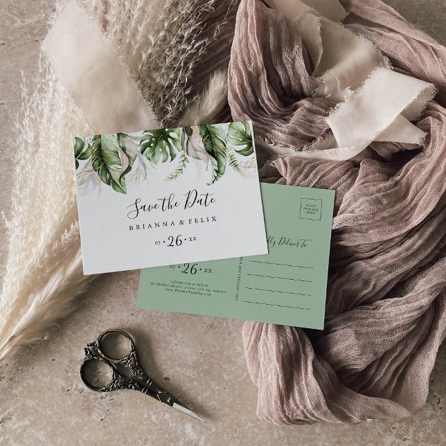 Cartão Postal Verde tropical Dourado Horizontal Salvar a Data (Criador carregado)