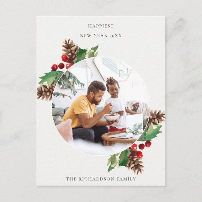 CARTÃO POSTAL VERDE VERDE HOLLY BERRY PINE CONE ANO NOVO FOTO (Frente)