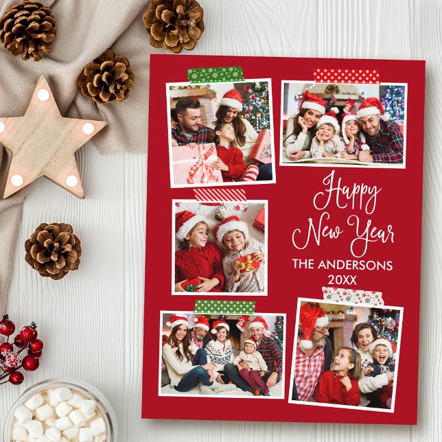 Cartão Postal Vermelho de fita Artesanato de Feliz ano novo de c (Customize to change your personalized text size or text style.)