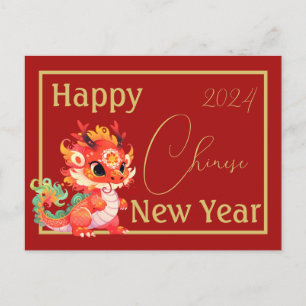 Cartão Postal Vermelho e dourado, dragão chinês, Ano Novo Chinês